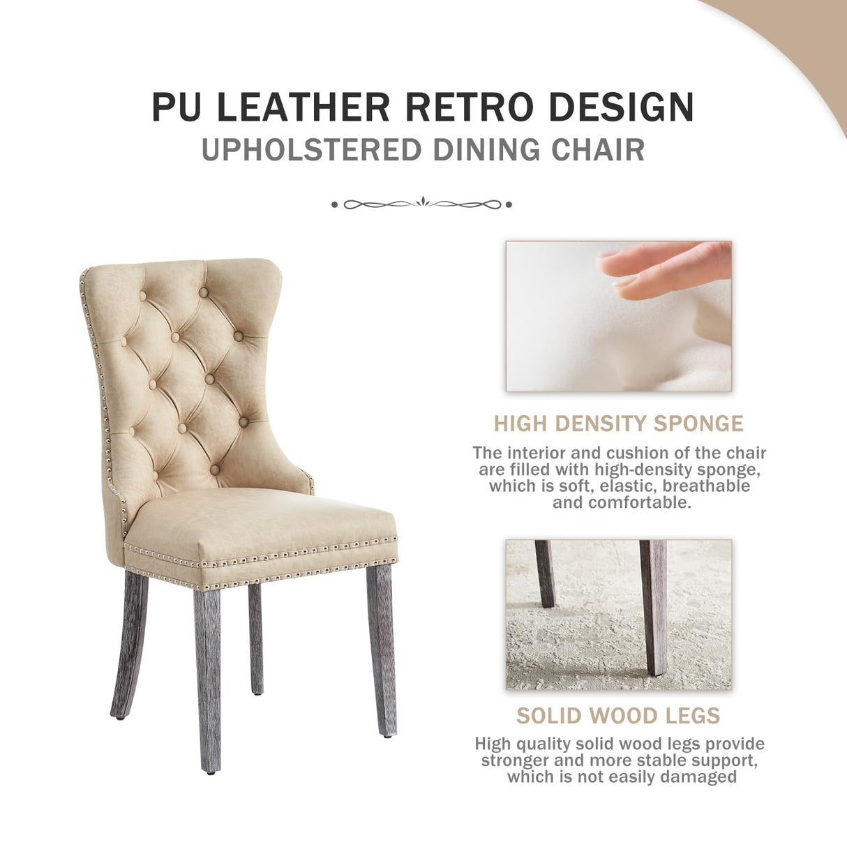 Kiztir Leather Dining Chairs Set of 6, Upholstered Dining Chair with Nailhead Trim and Solid Wood Legs, Luxury Wingback Dining Side Chair for Living Kiztir