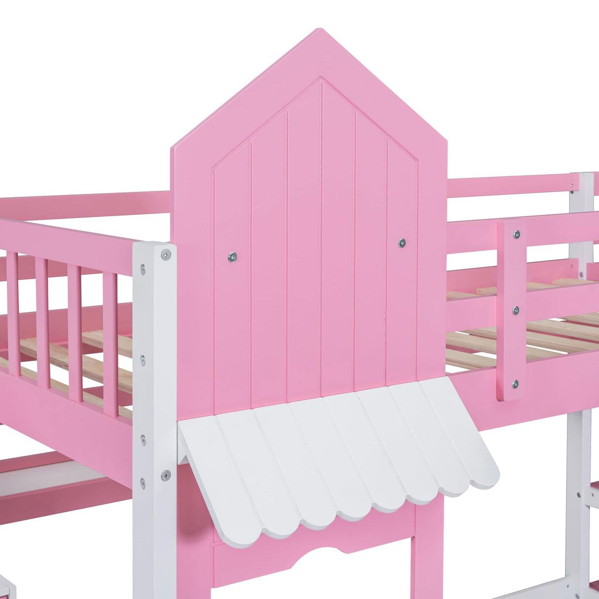 Ball & Cast Twin-Over-Twin Castle Style Bunk Bed,Wood Bunkbed w/ 2 Drawers and 3 Shelves,Full-Length Fence,Bedframe with Slide & Storage Ladder,Space Saving,Slat Support,for Child's Bedroom,Pink Ball & Cast