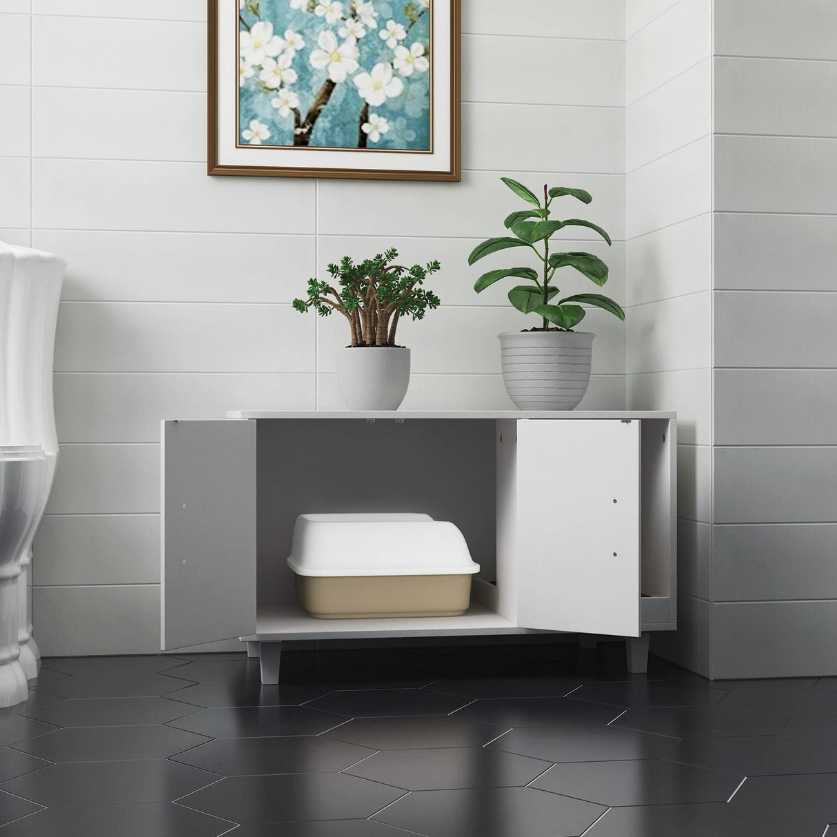 GDLF Modern Wood Pet Crate Cat Washroom Hidden Litter Box Enclosure Furniture House as Table Nightstand with Scratch Pad,Stackable (White) GDLF