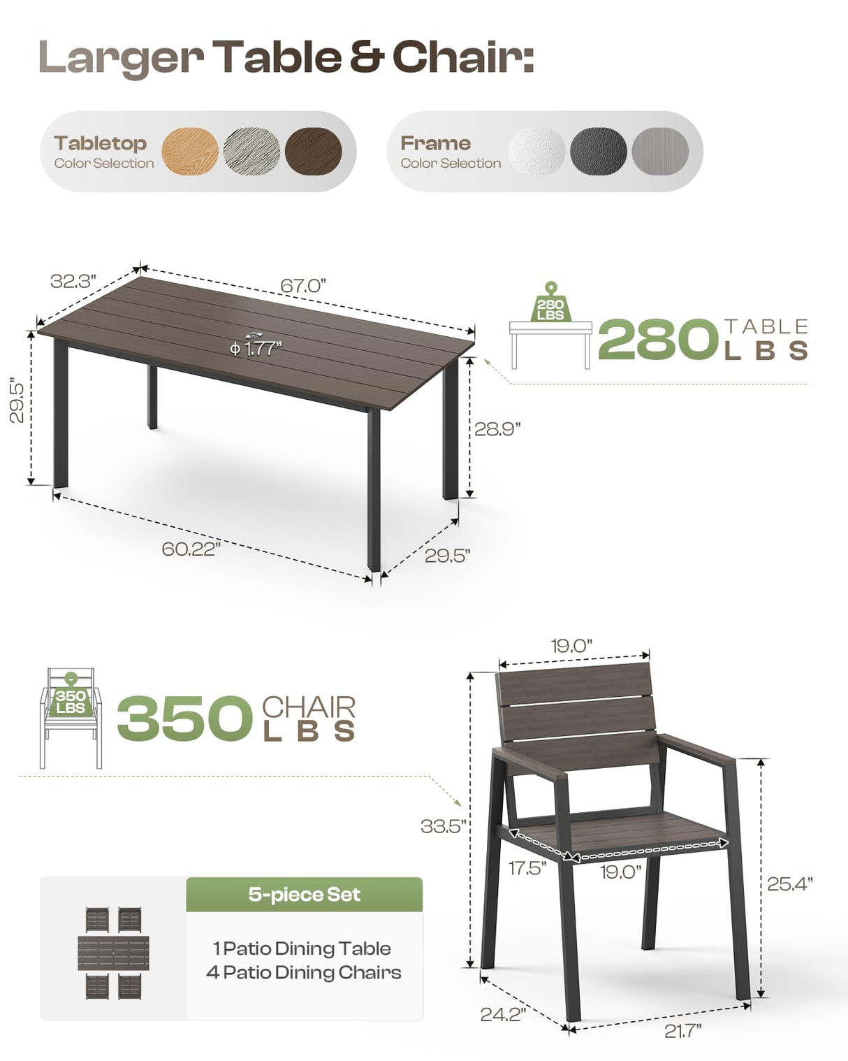 Oasbira Aluminum Patio Dining Sets 5-Piece Outdoor Dining Sets with Umbrella Hole Wood-Like Table and Chairs, Outdoor Furniture Sets All Weather for Garden, Backyard, Lawn, and Poolside, Charcoal Oasbira