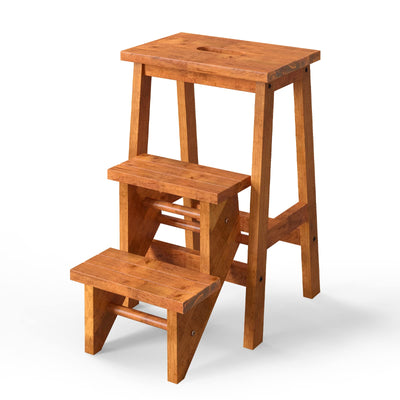 Costzon Folding 3 Step Stool, 3 in 1 Wooden Step Ladder with Handle, Non-Slip Pedal, Multifunctional Storage Shelf, Flower Rack for Kitchen, Library, Garage, Foldable Step Stool for Adults Kids