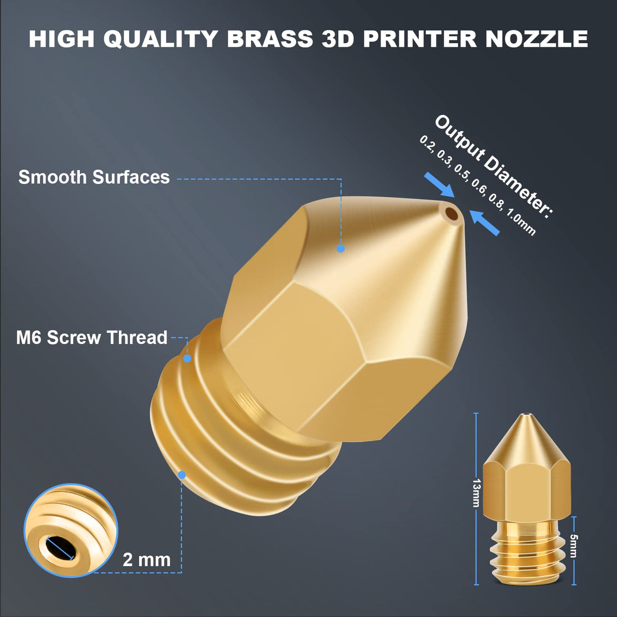 LAIHIFA 30PCS 3D Printer Nozzles, High Temperature&Wear Resistance, Better Thermal Conductivity Brass 3D Printer Nozzle 0.2mm, 0.3mm, 0.4mm, 0.5mm, 0.6mm, 0.8mm, 1.0mm for MK8, Ender 3, Creality CR10 LAIHIFA