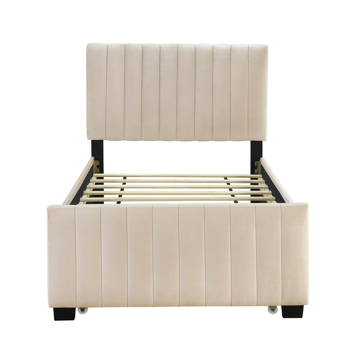 Merax Twin Size Velvet Upholstered Platform Bed, Wood Bed Frame with Twin Size Trundle, Beige Merax