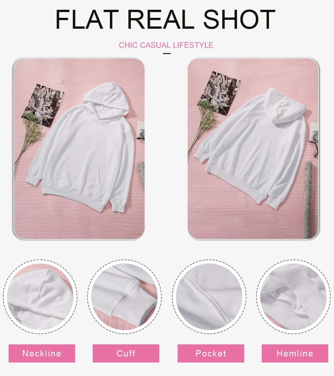 SHEWIN Womens Hoodie Pullover Long Sleeve Solid Fleece Fashion Hoodies Sweatshirts Cozy Lightweight Fall Oversized Sweatshirt for Teen Girls,US 16-18(XL),White SHEWIN