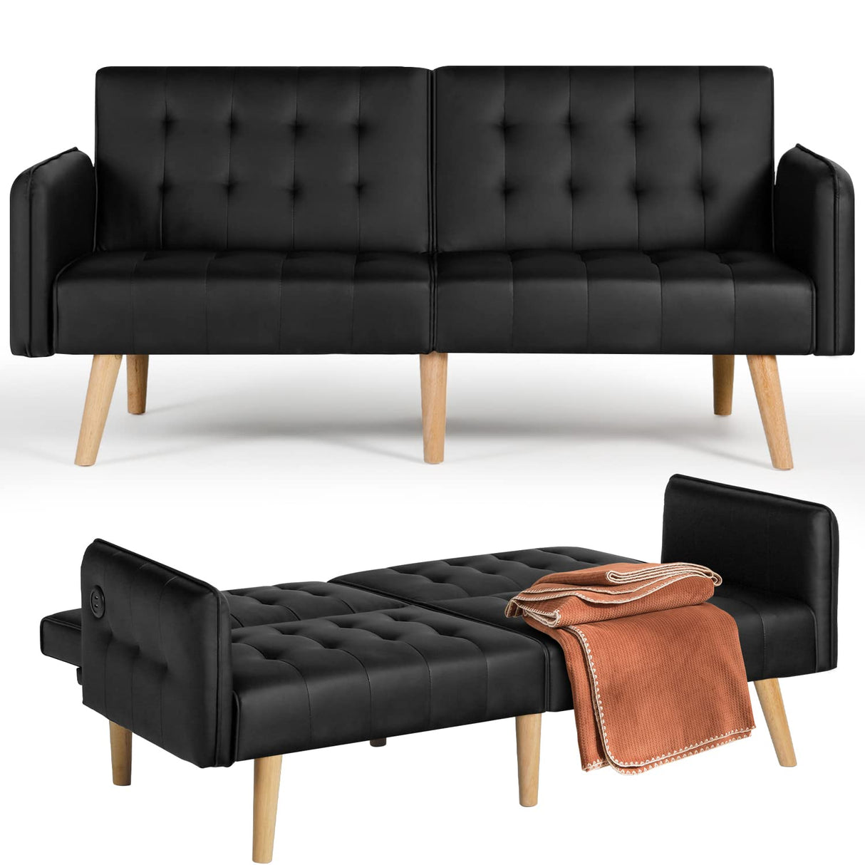 TYBOATLE Faux Leather Convertible 65'' Folding Futon Sofa Bed w/ 2 USB, Loveseat for Small Space, Apartment, Dorm, Living Room, Office, Black TYBOATLE