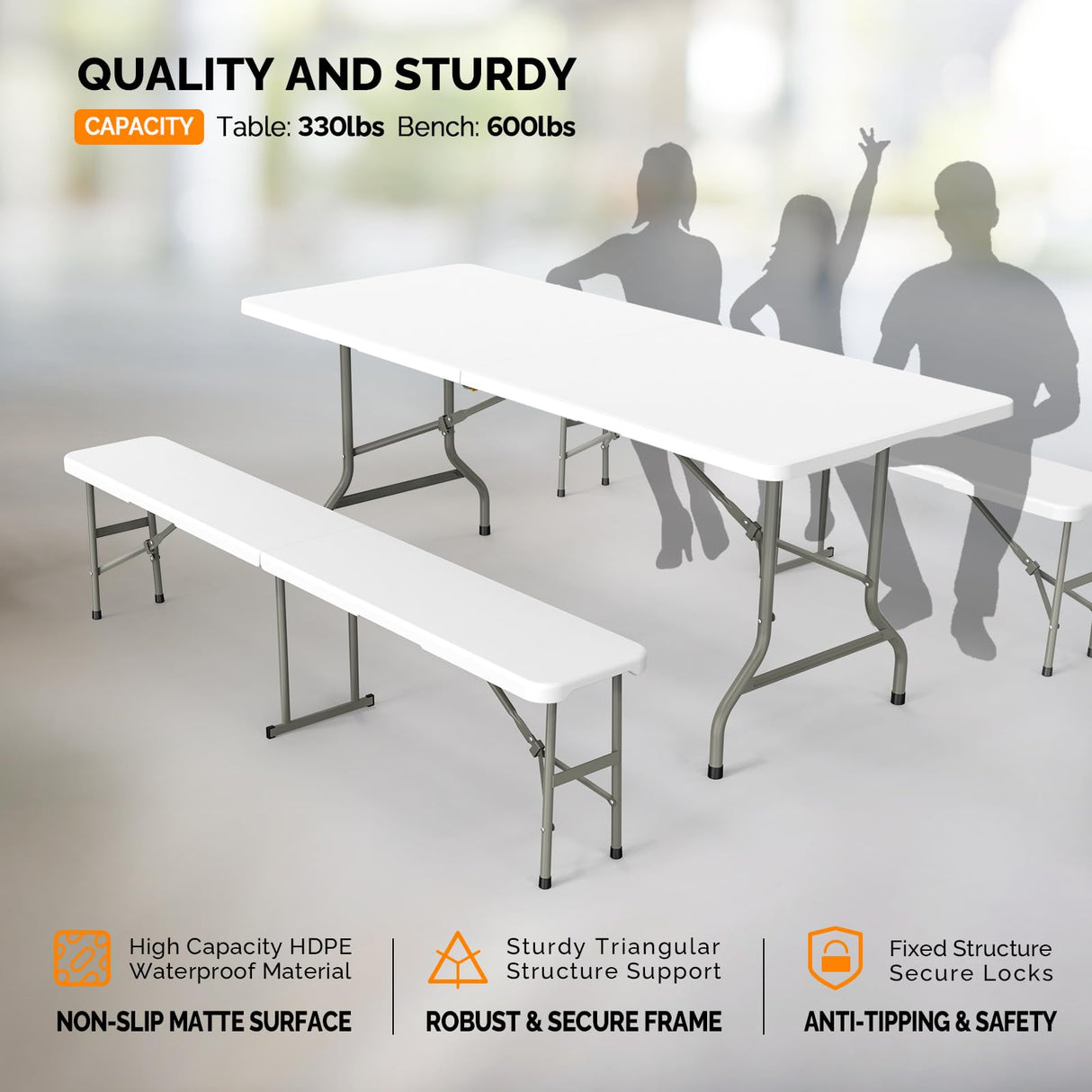 VINGLI Picnic Table Set with 2 Benches, 6 Feet Camping Table Chair Set,3-Piece Folding Furniture for Indoor or Outdoor Use, Smooth Tabletop, White VINGLI