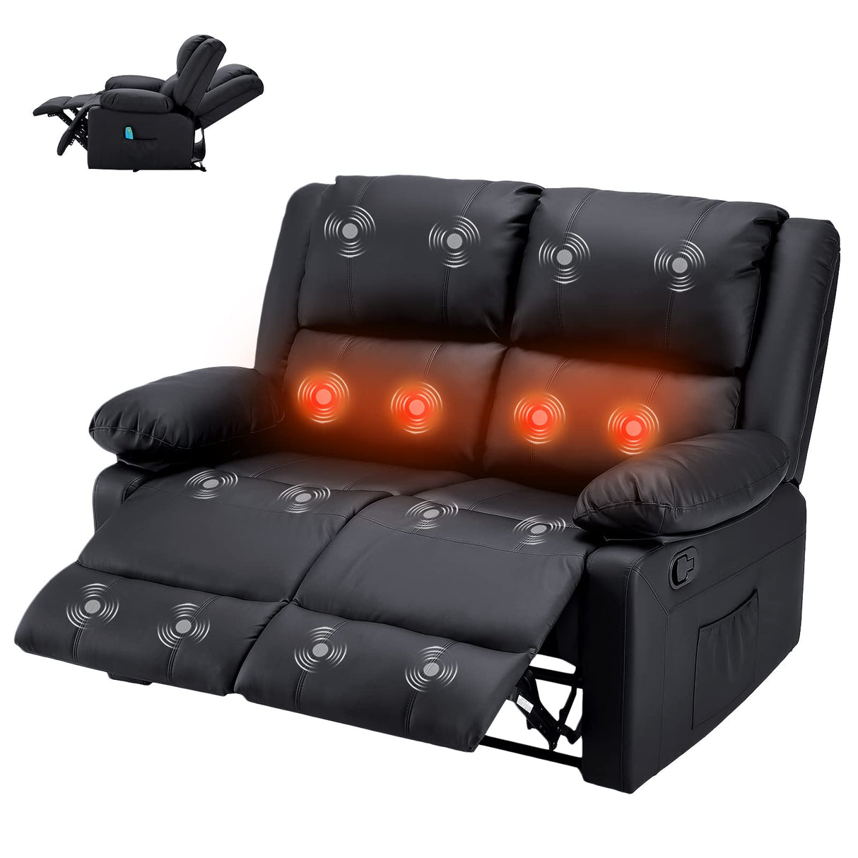 YODOLLA Home Theater Seating with Massage and Heat, RV Couch Wall-Hugger Reclining Sofa with Side Pockets for Living Room, Black YODOLLA