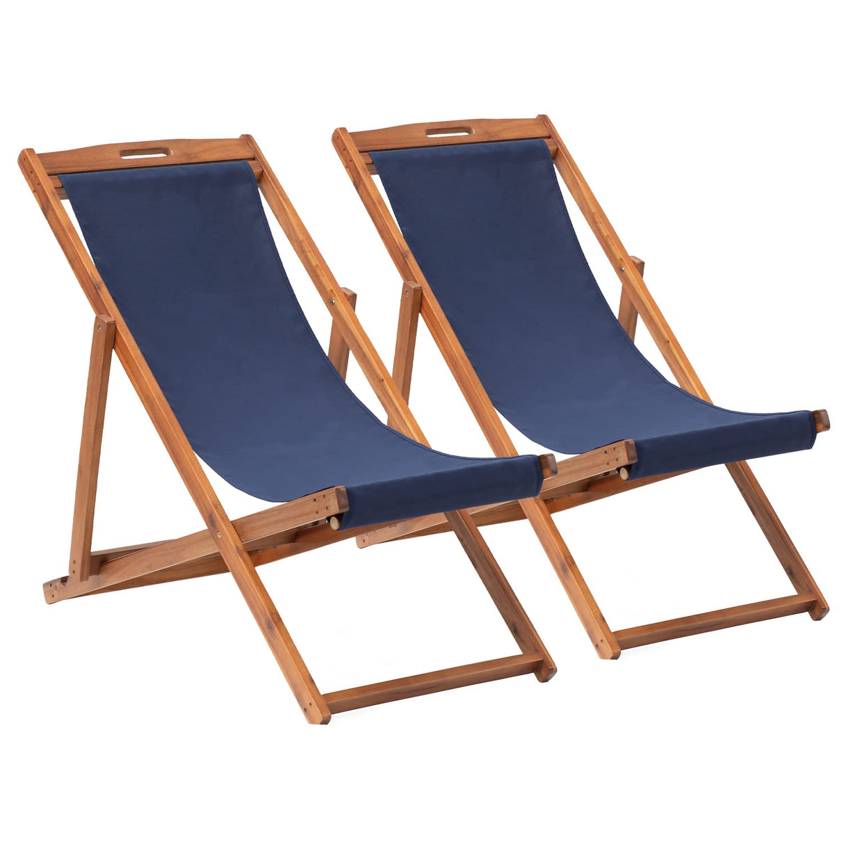 2 Set Outdoor Wooden Patio Lounge Chair Beach Sling Chair Set Height Portable Reclining Beach Chair Solid Wood Frame with White Polyester Canvas 3 Level,Blue FDW