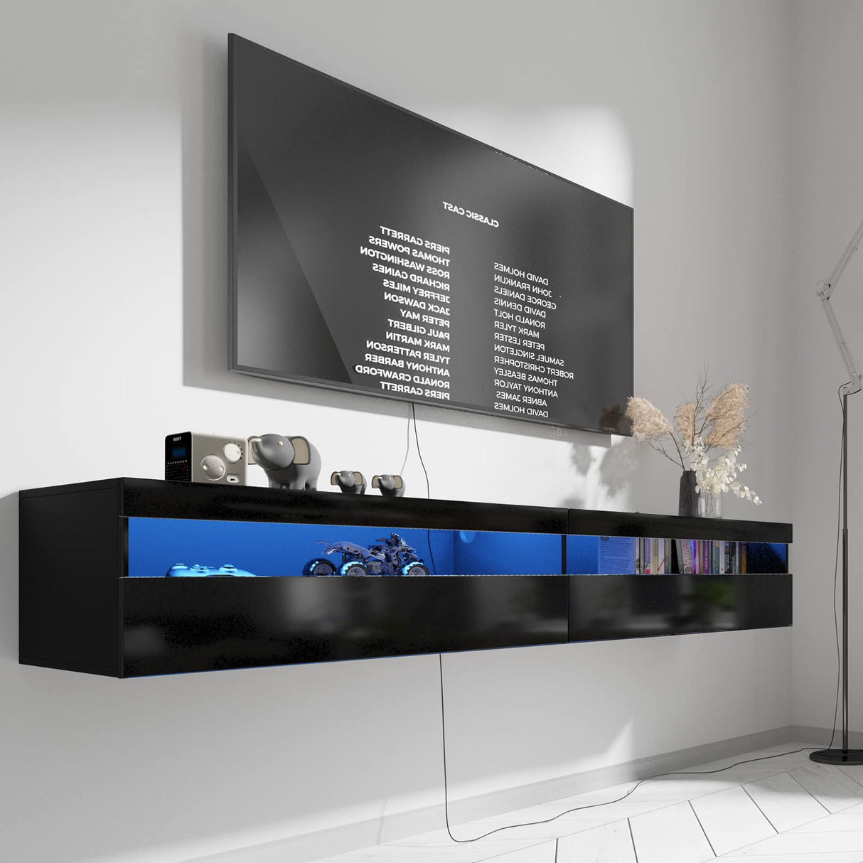 EXQUAL Floating TV Stand, Wall Mounted TV Shelf with Led Lights & Power Outlet, 71" Modern Entertainment Center Media Console with Storage, High Gloss TV Cabinet for 65/75/80 inch TV EXQUAL