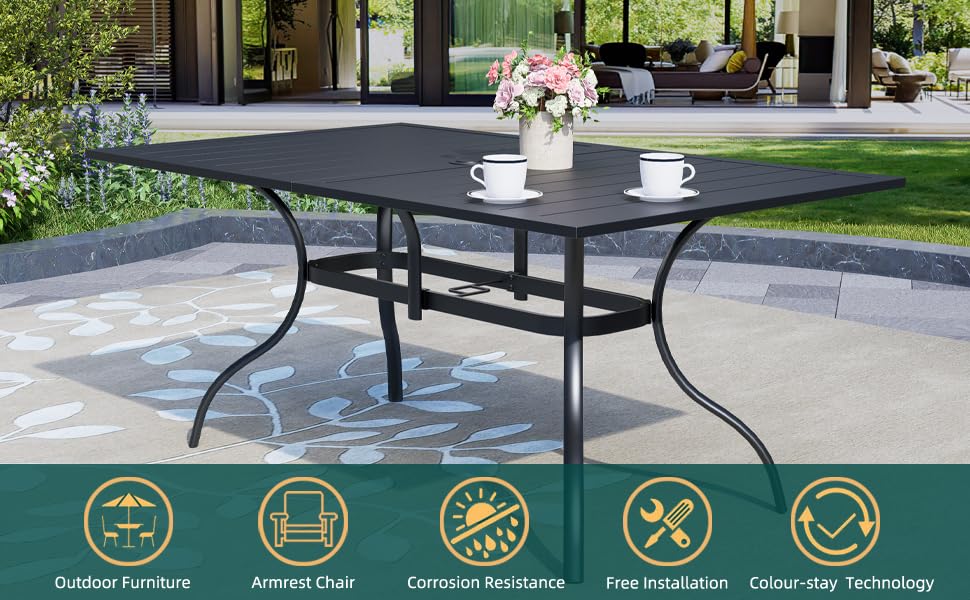 Anmutig 7-Piece Outdoor Patio Dining Set, 6 Stackable Patio Chairs & Rectangular Dining Table with All Weather Frame Furniture Set - Black Anmutig