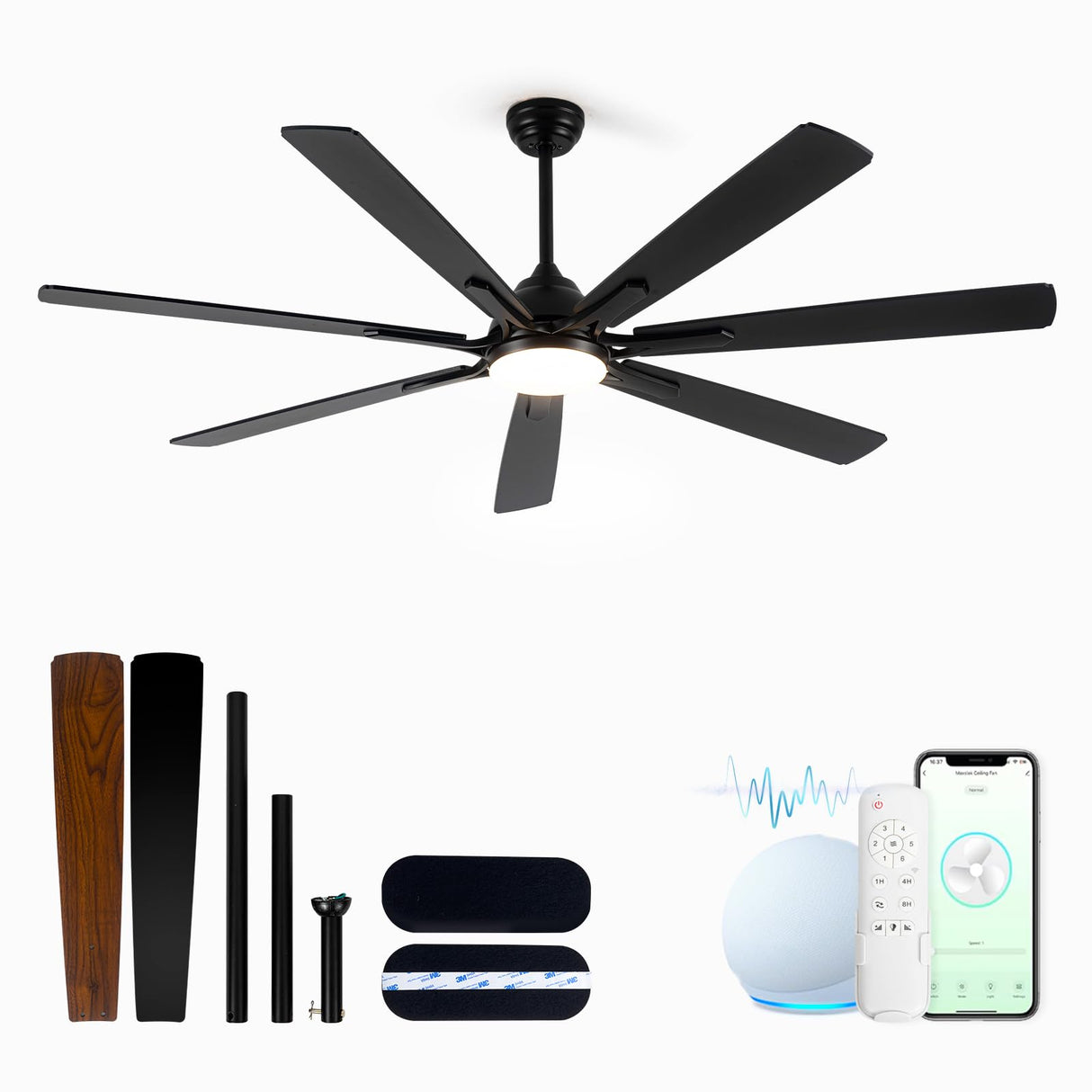 Maxslak 72" Large Smart Ceiling Fan with Light Remote Control via WIFI Alexa,6-Speeds Quiet DC Motor,Dimmable,Indoor Outdoor Black ceiling fan for Living Room,Patio,Dual Finish 7 Blades Maxslak