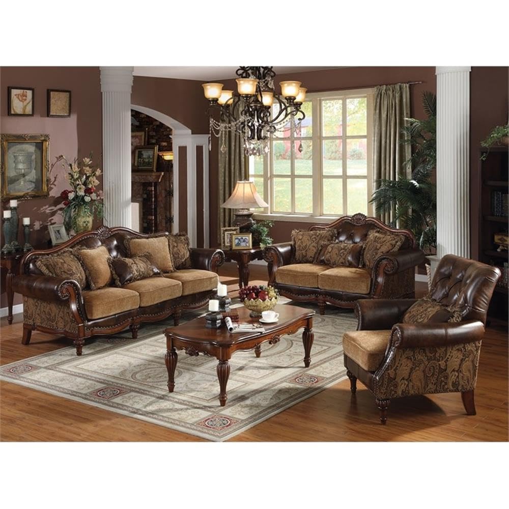Acme Dreena Rolled Arm Upholstered Loveseat with 3 Pillows in Brown Faux Leather Acme