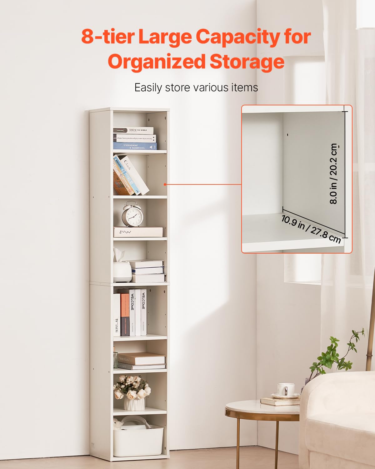 VEVOR 8 Tiers Narrow Bookshelf, 71 in Wooden Tall Open Bookcase with Height-Adjustable Shelf, Freestanding Display Storage Floor Bookcase Bookshelf for Library, Bedroom, Living Room, Office, White VEVOR