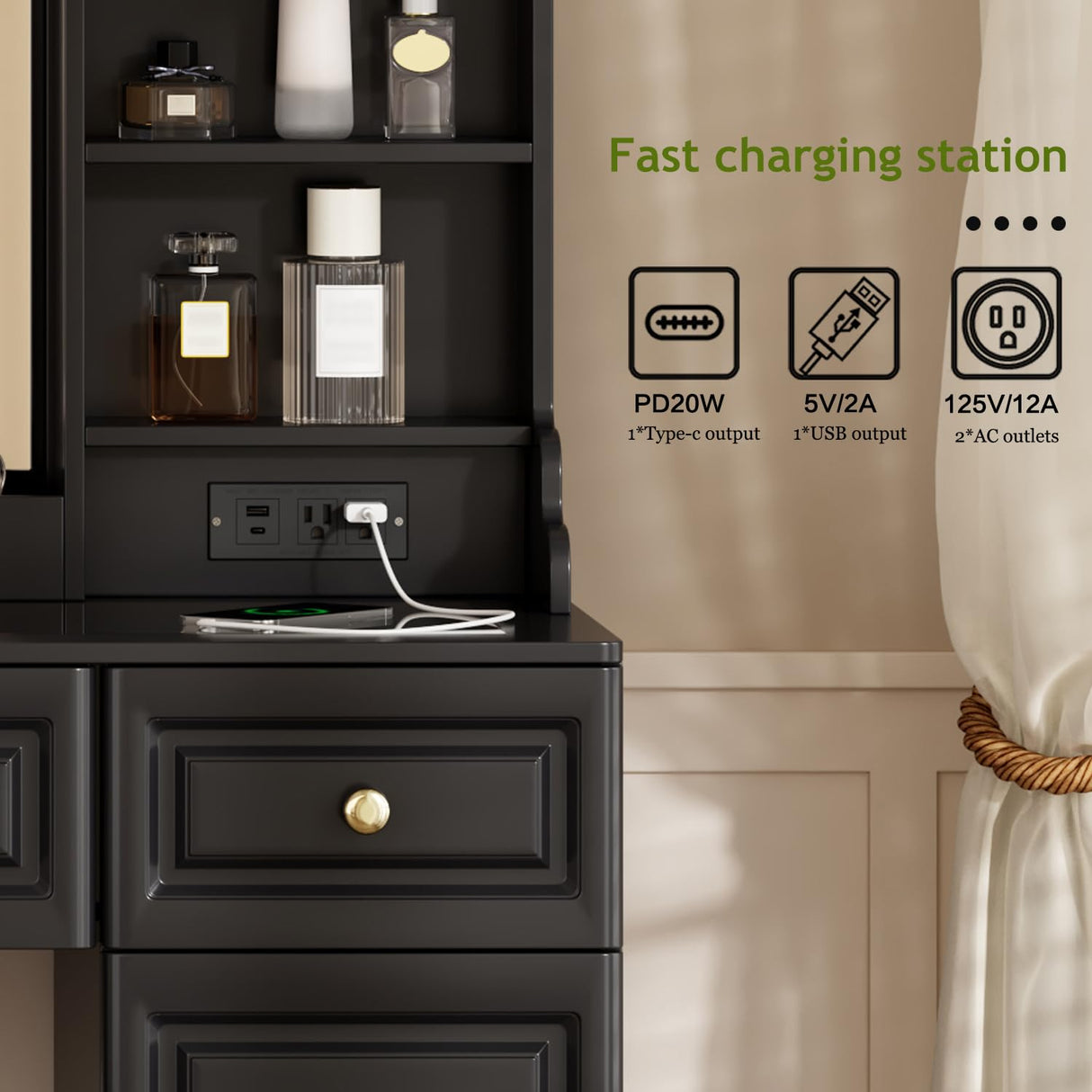 YYJ 42" Makeup Vanity Desk with Mirror and Lights, & Power Outl,Glass Top Big Vanity Table with 9 Drawers& 8 Storage Shelves,Dressing Table Set with Chair for Bedroom, Black.. YYJ