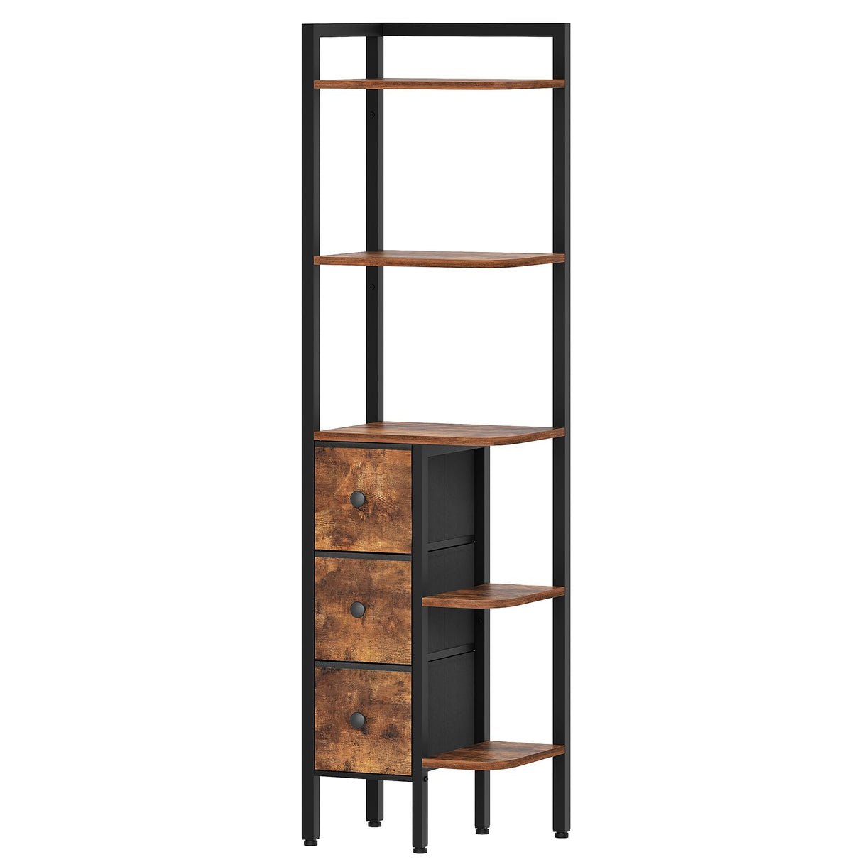 YATINEY Corner Shelf Stand, 5-Tier Corner Bookshelf with 3 Drawers, Industrial Display Shelf for Narrow Spaces, Wooden Small Bookcase, Easy Assembly, Rustic Brown and Black CJ10BR YATINEY