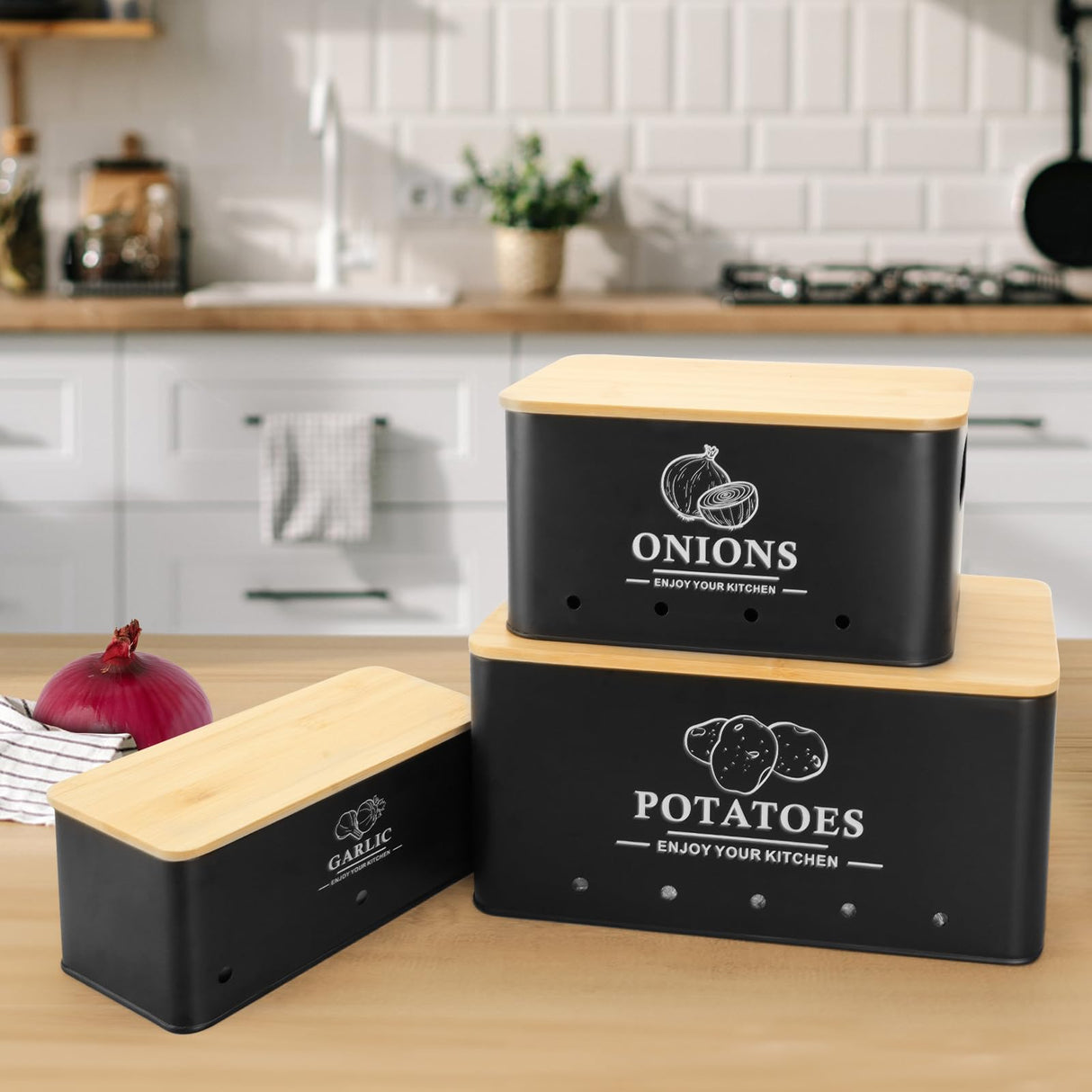 Dekosilave Kitchen Vegetable Storage Set of 3, Metal Onion Garlic Potato Storage Set, Kitchen Canisters Vegetable Keeper Containers with Aerating Holes and Wooden Lid (Black) Dekosilave