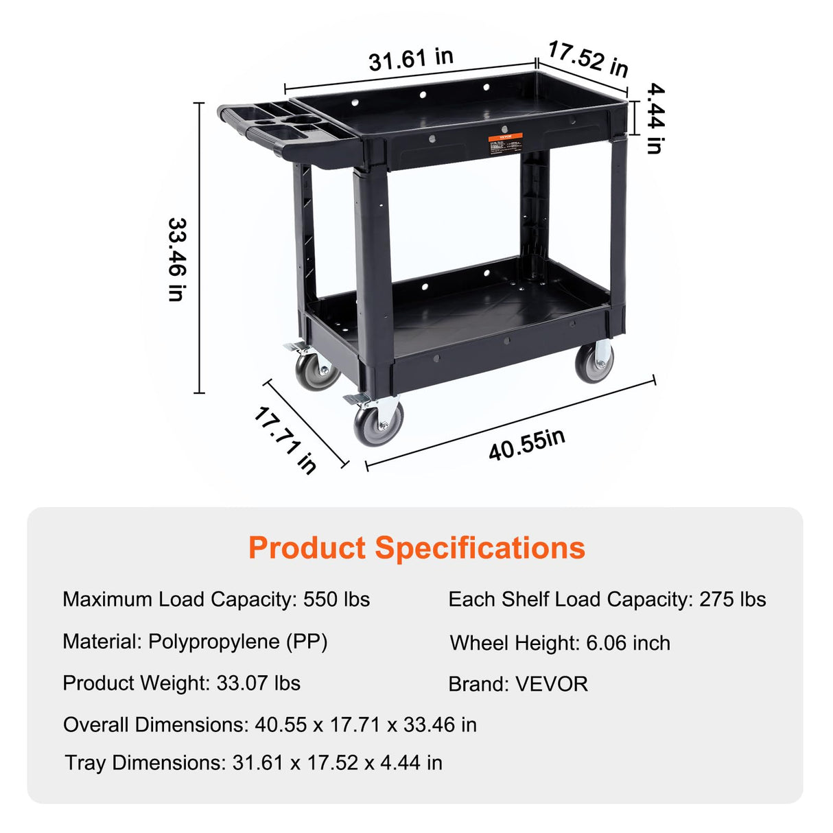 VEVOR Utility Service Cart, 2 Shelf 550LBS Heavy Duty Plastic Rolling Utility Cart with 360° Swivel Wheels, Medium Lipped Shelf, Ergonomic Storage VEVOR