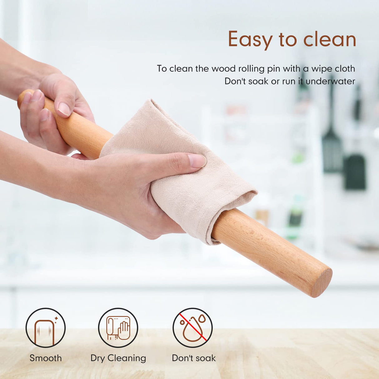 Wood French Rolling Pin for Baking, QUELLANCE Wooden Dough Roller with Silicone Baking Mat, Beech Wood Rolling Pins for Baking Dough, Pizza, Pie, Pastries, Pasta and Cookies,Blue Pastry Mat QUELLANCE