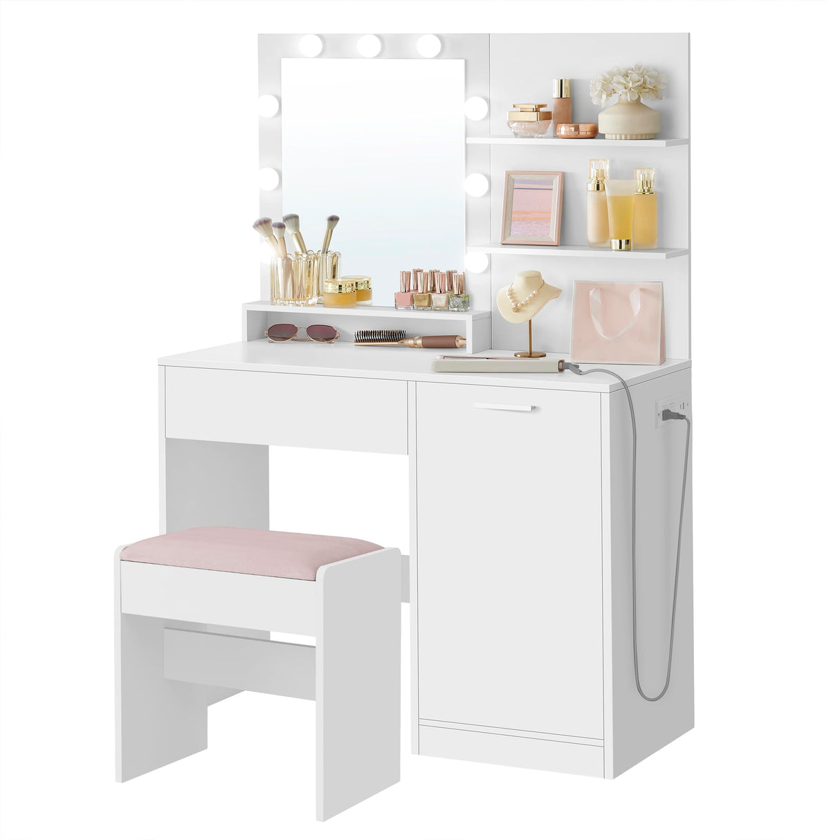 VASAGLE Vanity Desk with Mirror and Lights, 35.4-Inch Wide Makeup Vanity with Upholstered Vanity Stool, Power Outlets, Dimmable LED Lights, Storage Drawer, for Bedroom, Cloud White URDT128W01 VASAGLE