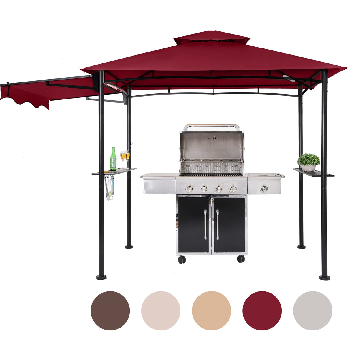 FAB BASED 5x8 Grill Gazebo, Outdoor BBQ Grill Patio Canopy with Extra Shadow & LED Lights, Barbeque Gazebo Canopy (Red) FAB BASED
