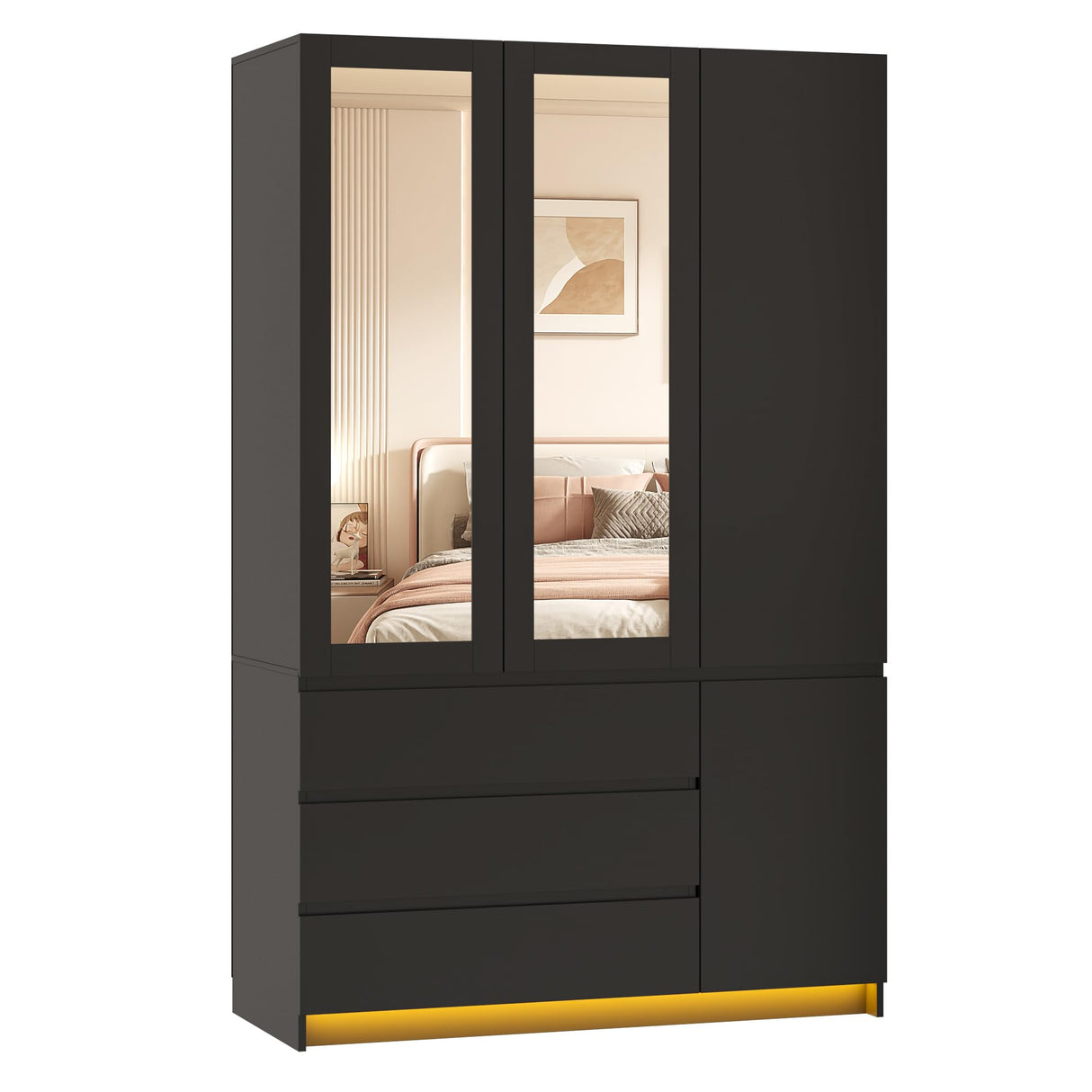 jiteentarou 3 Doors Armoire Wardrobe Closet with 3 Drawers & Mirror, Modern Wooden Bedroom Armoires with Hanging Rod Led Lights for Bedroom, Black jiteentarou