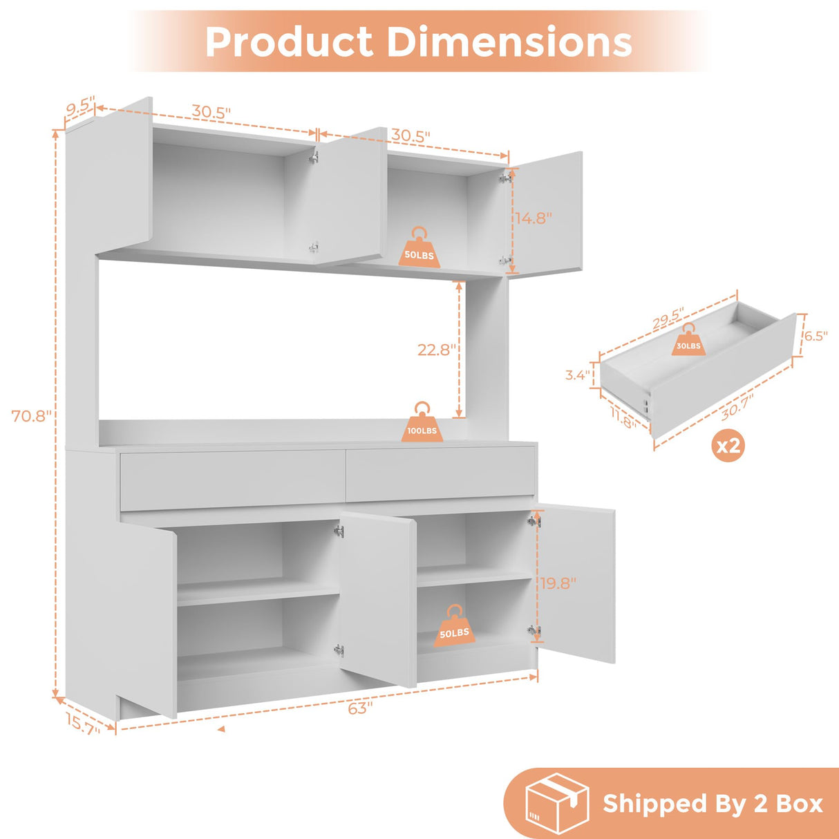 71" Kitchen Pantry Cabinet, Kitchen Hutch with Microwave Stand, Buffet Cabinet with Large Storage Drawers for Dining Room (White) Bobve