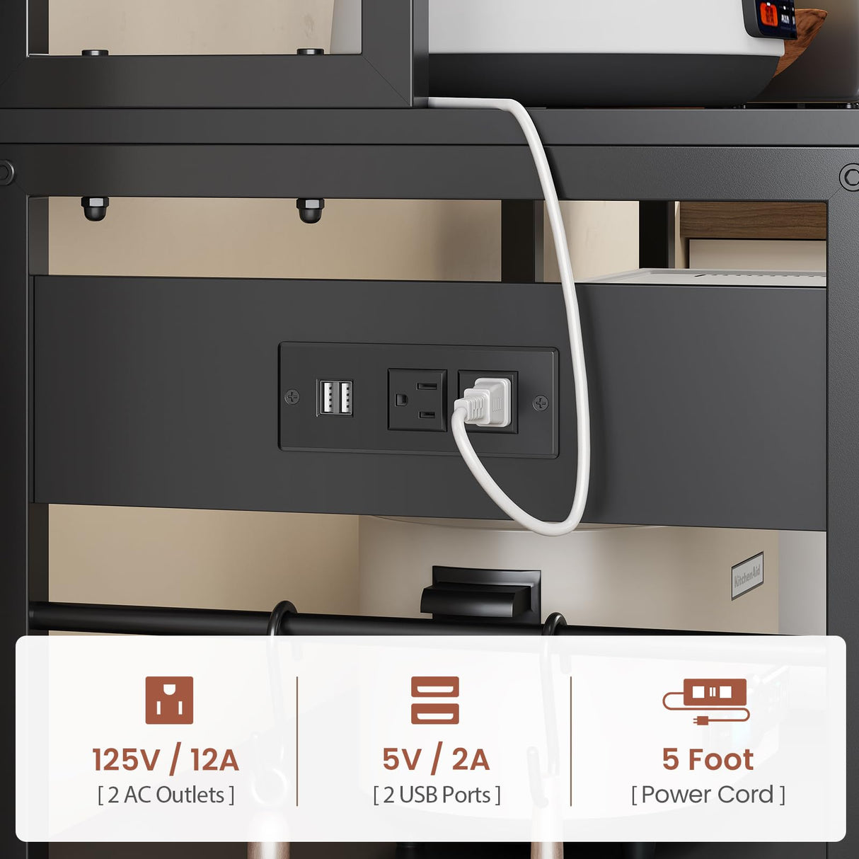 Itaar 47.2 Inch Bakers Rack with Power Outlet, Microwave Stand with Storage, Farmhouse Coffee Bar Cabinet Station with Wine Rack, Iron Grid and 8-S Hooks (Black) Itaar