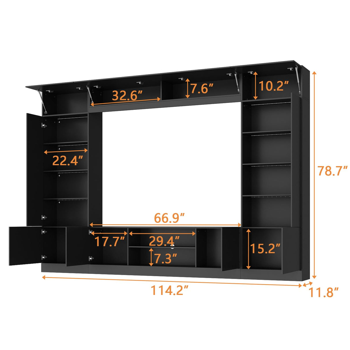 ROMSHINE Large Entertainment Center with Storage, 114" W Wall Unit TV Stand with Bookshelves & Light in White Color, Modern Media Center Cabinet with Bridge, for Living Room Bedroom, Black ROMSHINE