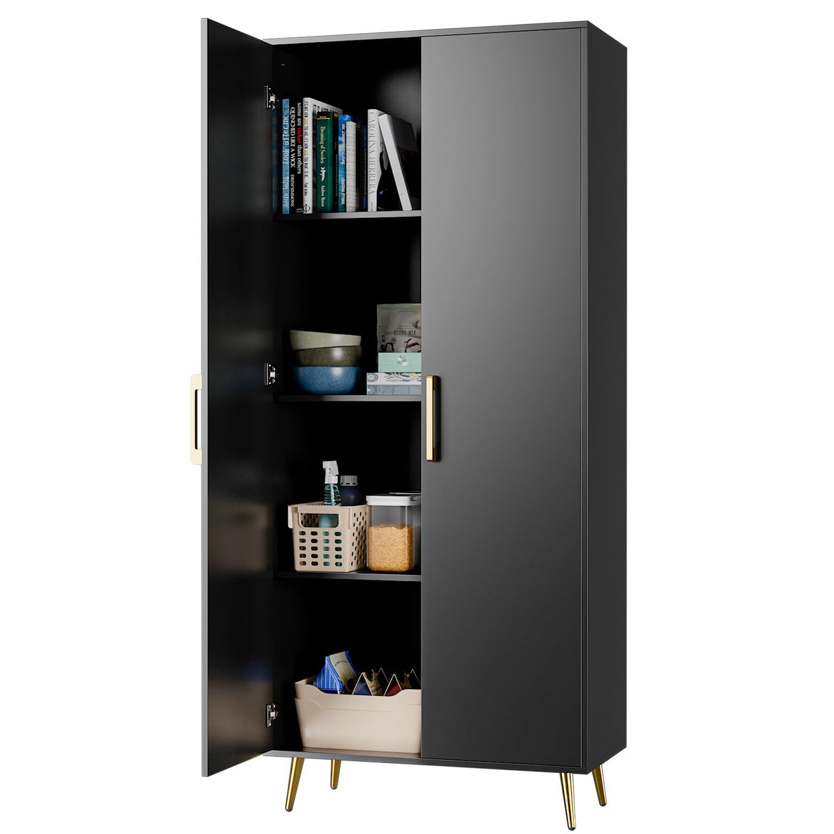 LYNSOM Tall Storage Cabinet, Freestanding Kitchen Pantry Cabinet with Adjustable Shelf and Doors, Floor Storage Accent for Kitchen, Dining Room (Black) LYNSOM