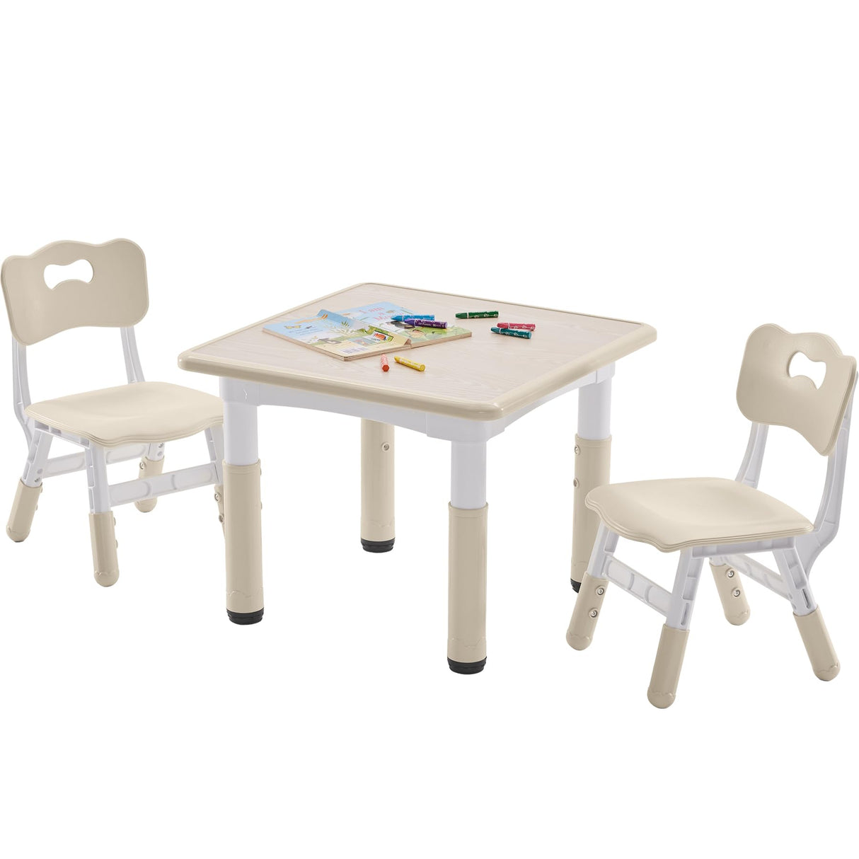 DOREROOM Kids Table and 2 Chairs Set, Height-Adjustable Toddler Table and Chairs Set with Graffiti Desktop, 23.6''L x 23.6''W Children Activity Table for Daycare, Classroom, Home DOREROOM