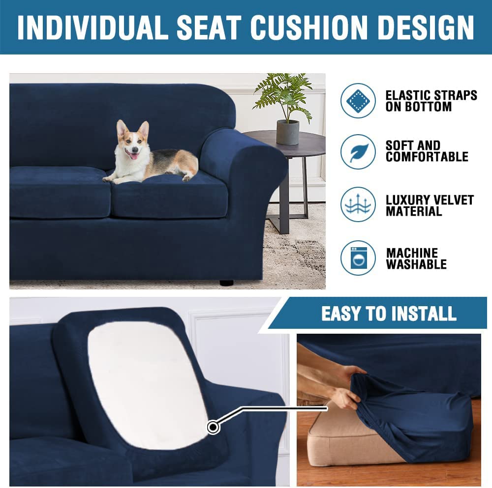 H.VERSAILTEX Real Velvet Plush 3 Piece Stretch Sofa Covers Couch Covers for 2 Cushion Couch Loveseat Covers Width Up to 72 Inch Feature Thick Soft Stay in Place (Medium Sofa, Navy) H.VERSAILTEX