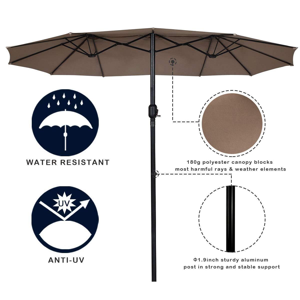 15x9 Ft Double Sided Outdoor Umbrella, Market Table Umbrella w/Crank, Patio Umbrella Extra Big for Beach/Poolside/Backyard/Campsite, Tan outdoor basic