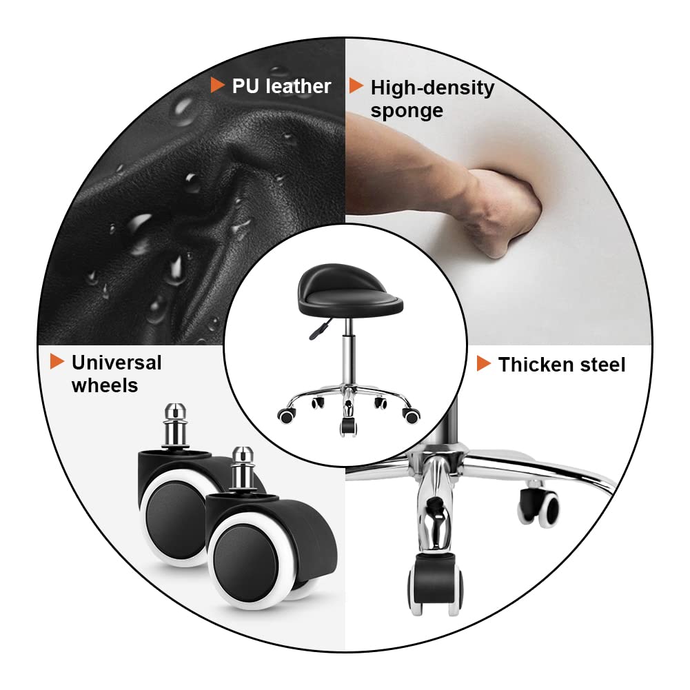 KKTONER PU Leather Round Rolling Stool with Back Rest Height Adjustable Swivel Drafting Work SPA Task Chair with Wheels Black KKTONER