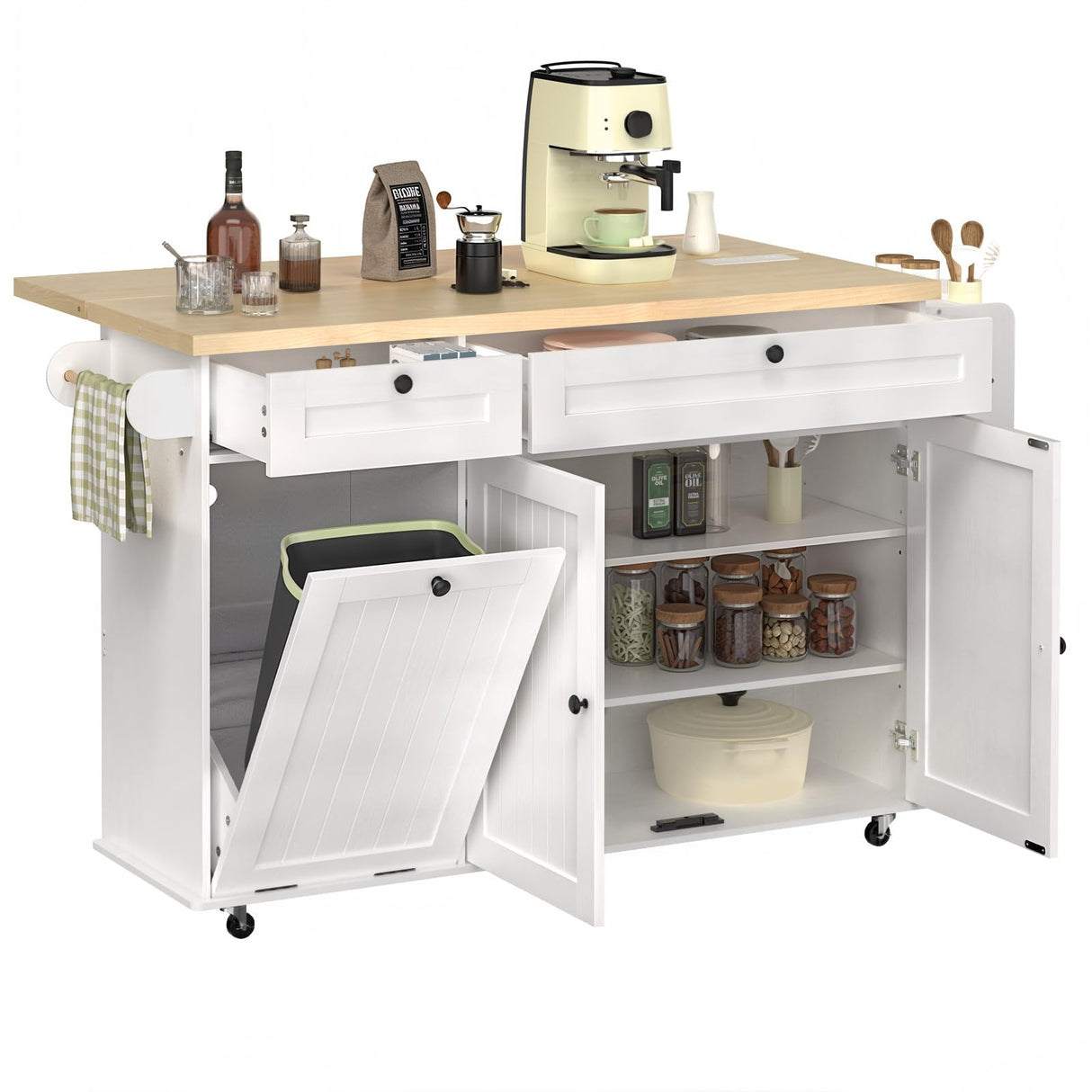 60" Kitchen Island with Power Outlet & Drop Leaf, Kitchen Rolling Island with Spice Rack & Towel Rack, Knife Holder, Kitchen Island Cart with Trash Storage Cabinet, Mobile Island Table for Kitchen ONBRILL