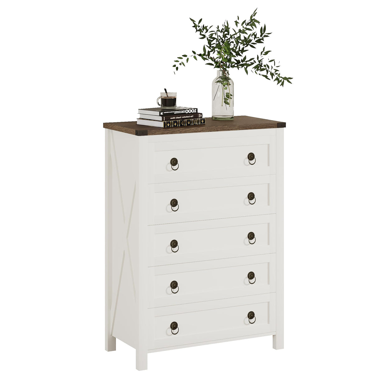 ChooChoo Farmhouse 5 Drawer Dresser, Tall Wood Dresser for Bedroom, Rustic Chest of Drawers, Storage Cabinet with Drawers for Living Room, Entryway, White ChooChoo