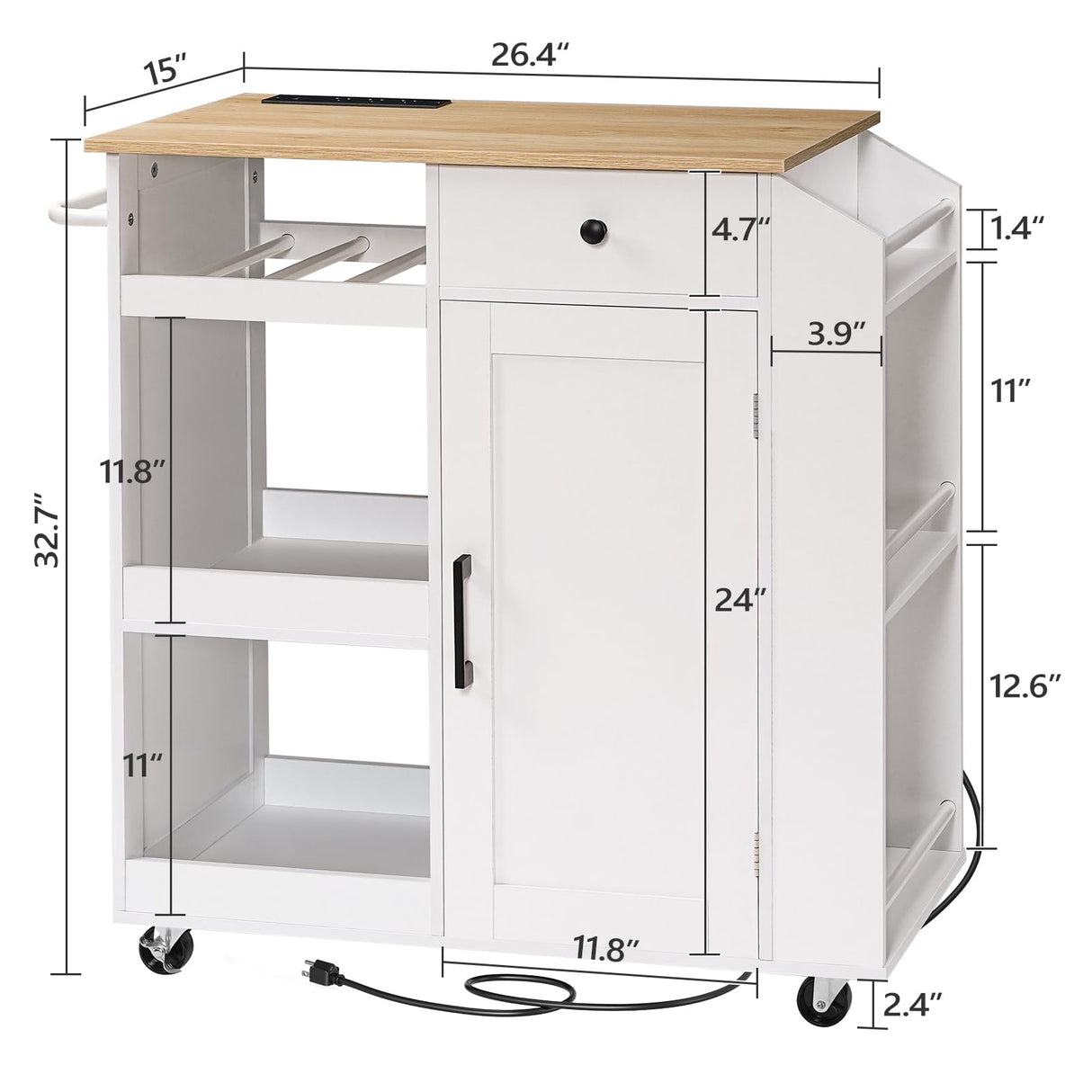 MAHANCRIS Kitchen Island with Power Outlet, Kitchen Storage Island with Drawer, Spice Rack, Towel Rack, Wine Rack, Rolling Kitchen Cart on Wheels, for Dining Room, White and Natural KINW122E01N1 MAHANCRIS