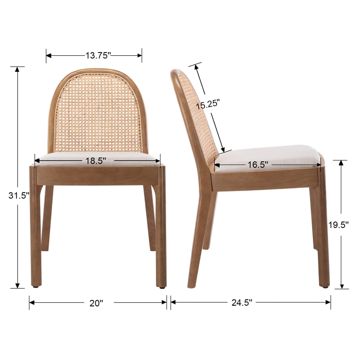 HEAH-YO Rattan Dining Chairs Set of 2, Upholstered Linen Dining Room Chairs with Backrests, Modern Kitchen Chairs with Wood Legs for Dining Room, Beige HEAH-YO