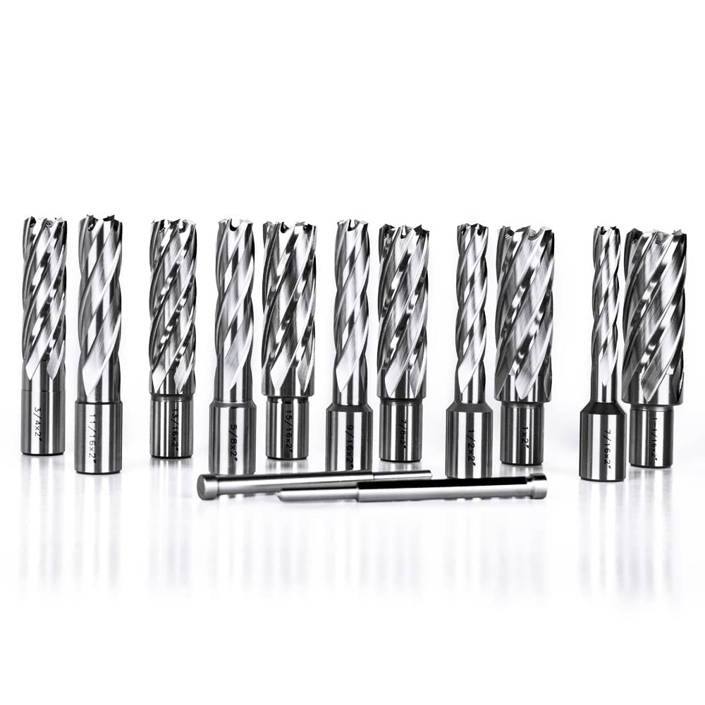 OSCARBIDE Annular Cutter Set 13pieces,2"Cutting Depth,3/4"Weldon Shank and 7/16 to 1-1/16 inch Cutting Diameter Mag Drill Bits for Magnetic Drill Press with 2pcs Pilot Pins OSCARBIDE