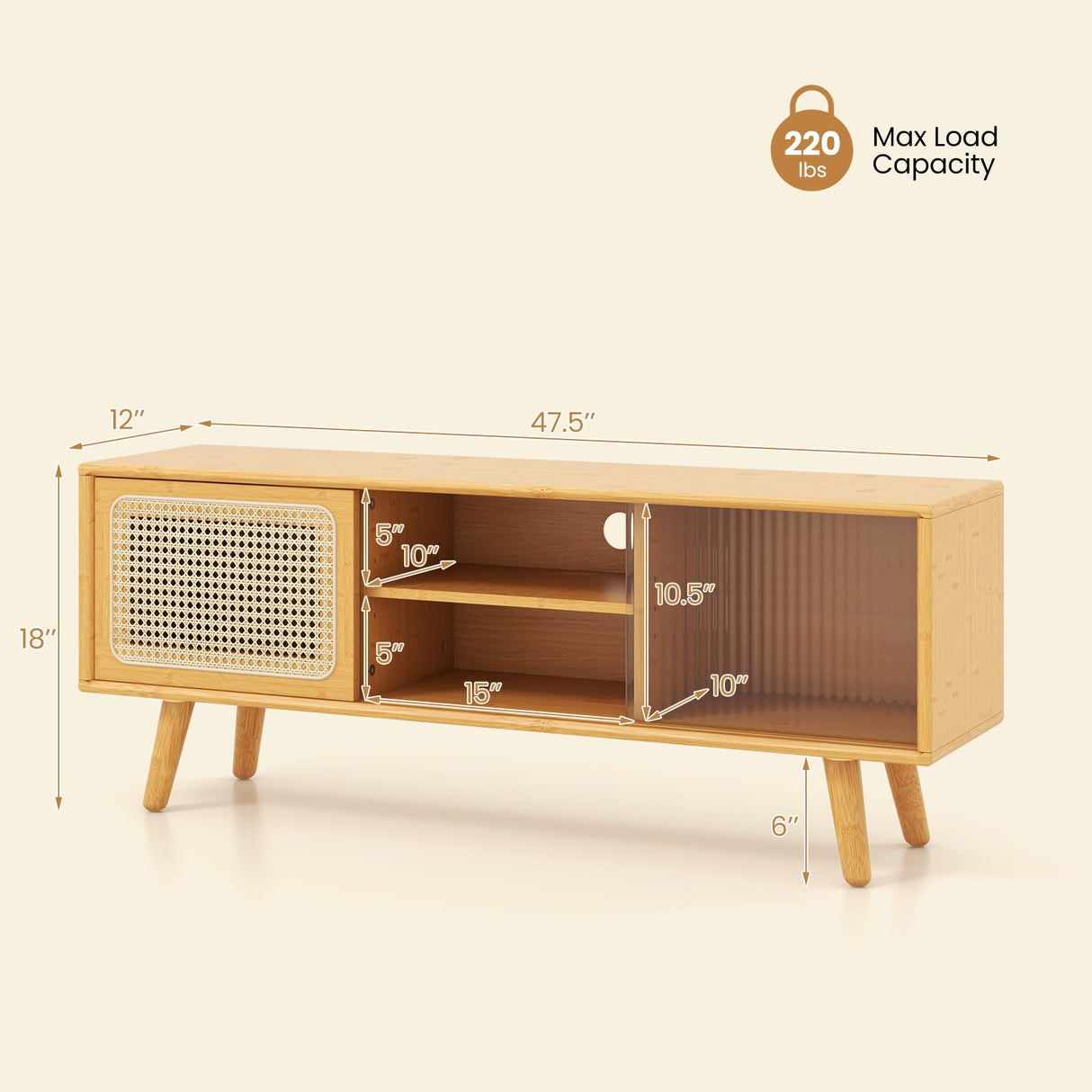 Giantex TV Stand for Living Room TVs up to 55”- Bamboo Entertainment Center with 3-Level Adjustable Shelf, Cable Management Holes, PE Rattan & Tempered Glass Sliding Door, TV Cabinet for Bedroom Giantex