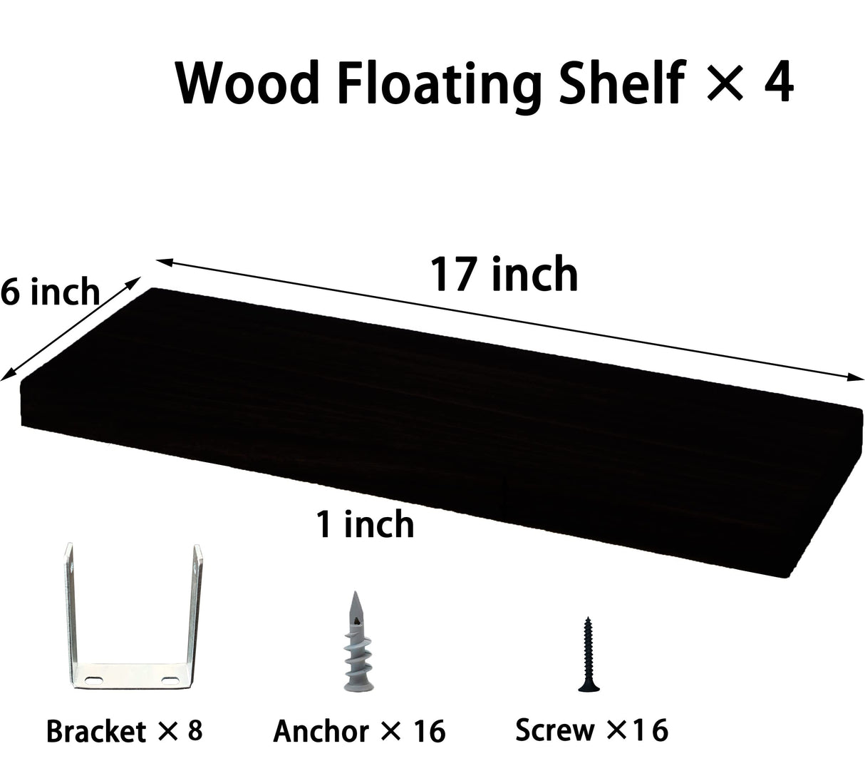 HXSWY Wood Floating Shelves for Wall, Wooden Wall Shelves for Bedroom, Wall Mounted Shelves for Living Room, Set of 4 Black HXSWY