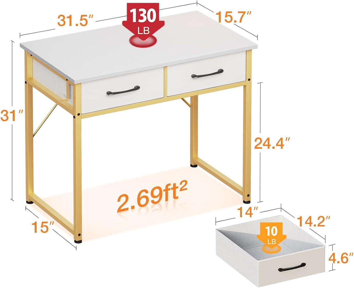 Casaottima 32 Inch Small Dressing Vanity Desk with 2 Drawers & Headphone Hook, Makeup Vanity Desk for Bedroom Without Mirror,Modern Space-Saving Design for Small Spaces White-Gold Casaottima