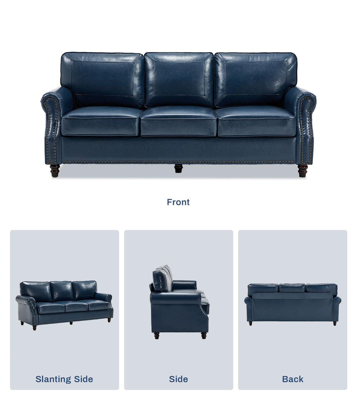 Kingfun Mid-Century Modern Couch, Faux Leather Sofa, 3 Seater Couch for Living Room with Rolled arms & Nailhead Trim, Blue Kingfun