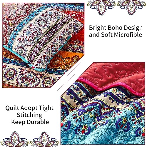 WONGS BEDDING Boho Quilt Set King Size, Bohemian Red Christmas Stripe 3 Pieces Bedspread Set Lightweight Microfiber All Season Christmas Bedding Coverlet Set for King Bed (104"x90") WONGS BEDDING