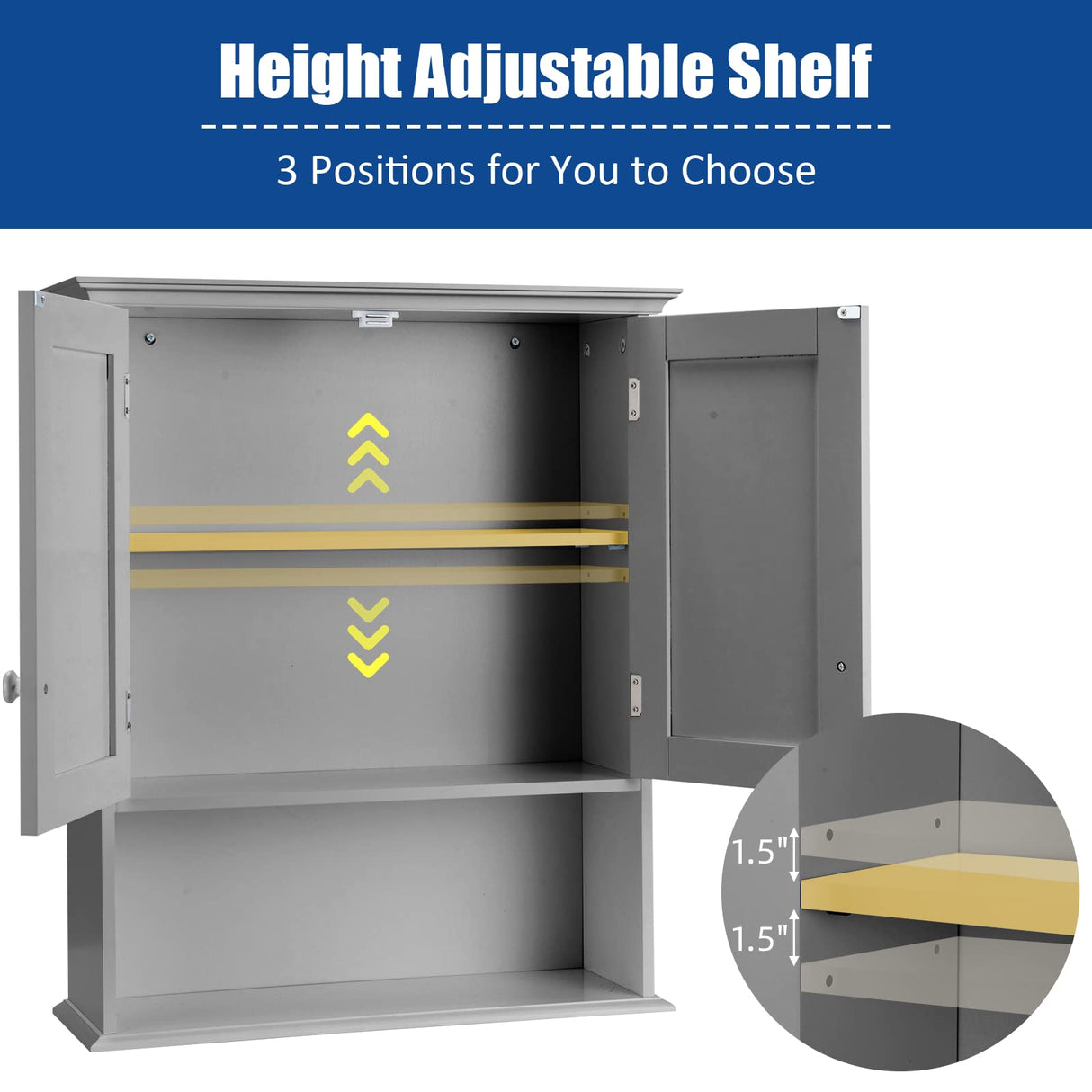 COSTWAY Wall Mounted Bathroom Cabinet, Over The Toilet Storage Cabinet w/Double Doors & Adjustable Shelf, Wood Hanging Medicine Cabinet for Living Room, Entryway, Kitchen (Gray) COSTWAY