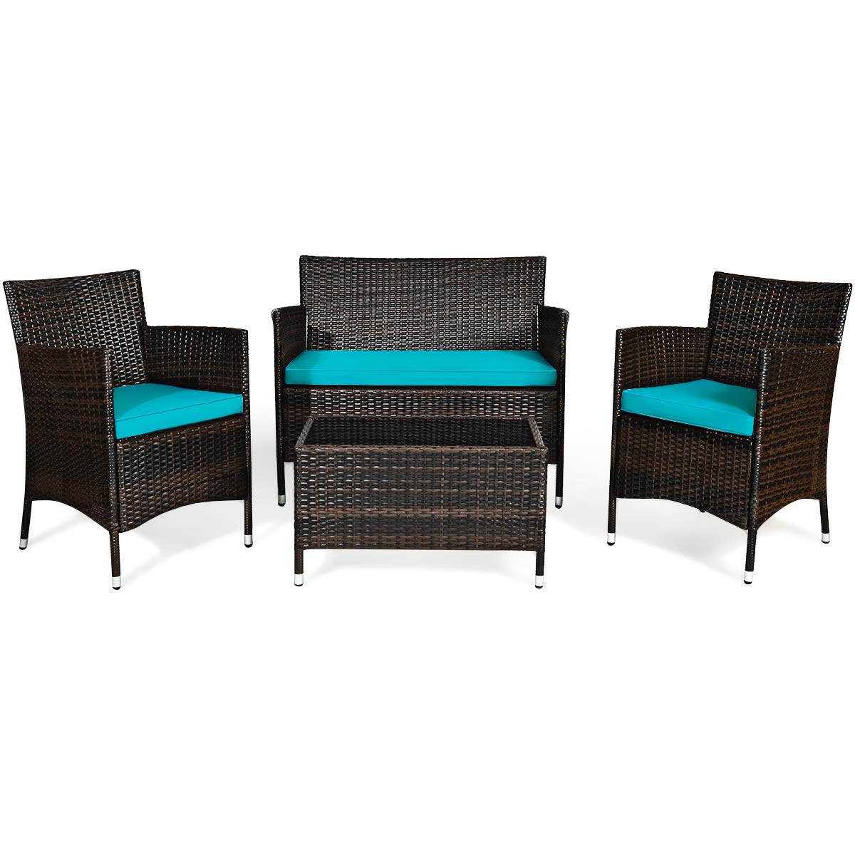 Goplus 4-Piece Rattan Patio Set, Outdoor/Indoor Wicker Conversation Set for Pool, Backyard, Lawn, Wicker Chairs and Sofa with Soft Cushion, Rattan Furniture with Tempered Glass Coffee Table Goplus