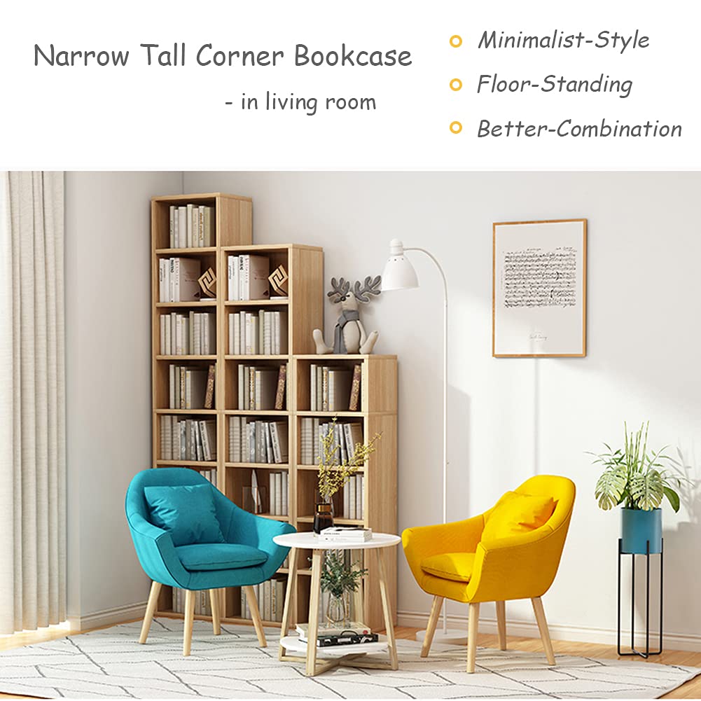 IOTXY Small Narrow Corner Bookcase - 71 Inches Tall Gap Freestanding Storage Cabinet, 8 Lattices Open Shelves Tower Rack, Cubes Bookshelf in Oak IOTXY