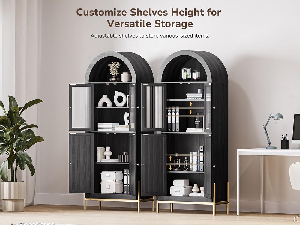 BELLEZE Modern Arched Kitchen Pantry, 5-Tier Wood Decorative Storage Cabinet with Reeded Glass Door and Adjustable Shelves, Freestanding Accent Display Cabinet for Home Living Room, Black BELLEZE