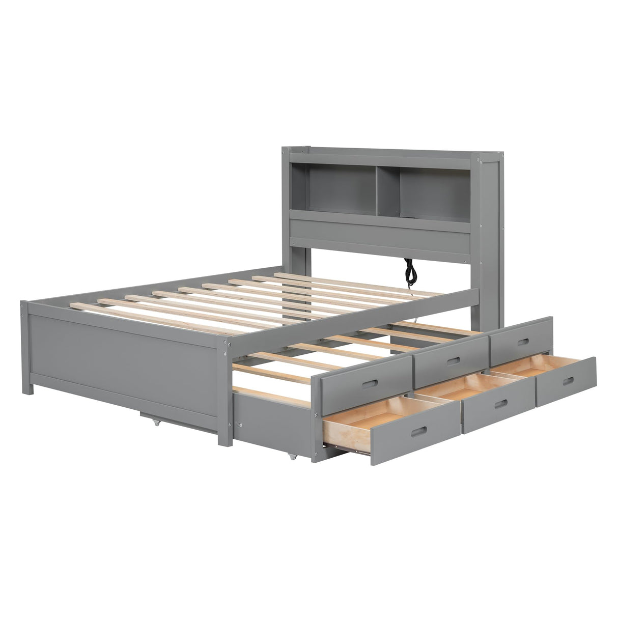 Harper & Bright Designs Gray Full Size Platform Bed with Twin Size Trundle,Bookcase Headboard,Charging Station and 3 Drawers,Wood Full Storage Bed Frame for Kids,Teens,Adults,No Box Spring Needed Harper & Bright Designs