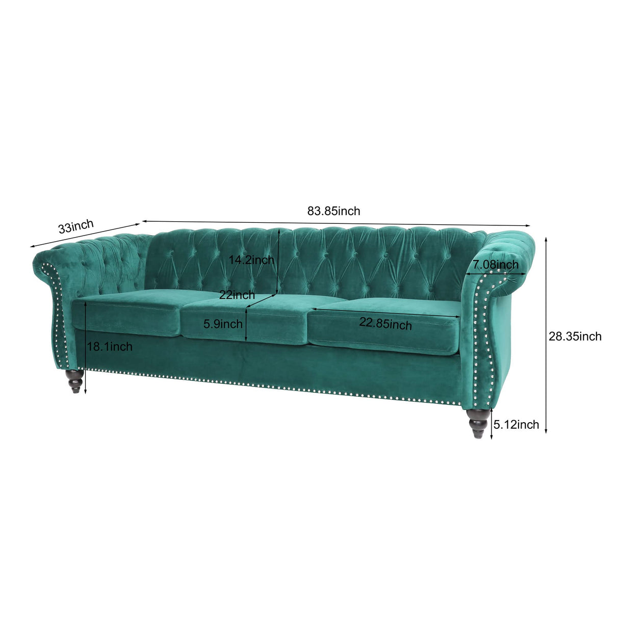 LEVNARY Three-Seat Velvet Sofa, Large Sofa Classic Tufted Chesterfield Settee Modern 3 Seater Couch Furniture Tufted Back for Living Room, Green LEVNARY