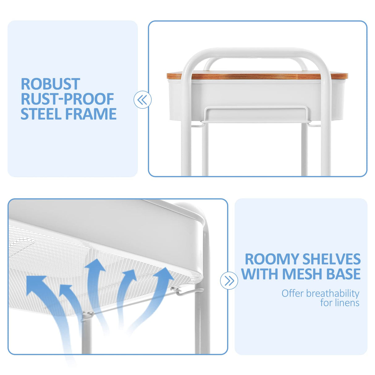TOOLF 3-Tier Rolling Cart with Table Top, Metal Storage Cart on Wheels, Utility Organizer with Wooden Tray, Lockable Casters, Easy Assembly for Bathroom, Living Room, Office, Kitchen, White TOOLF